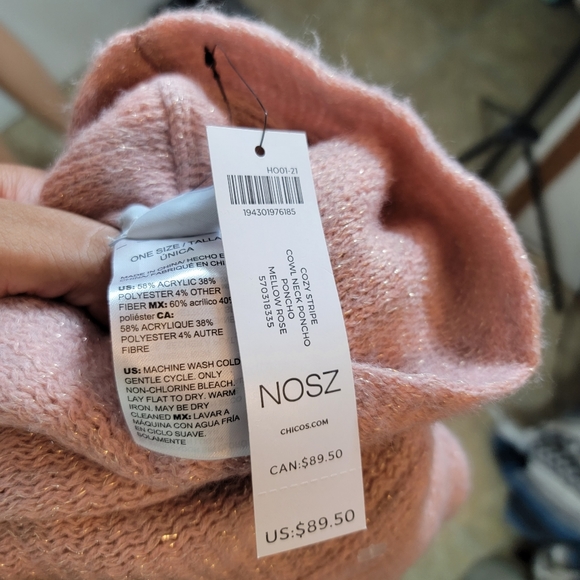 CHICO'S Cozy Stripe Cowl Neck Shimmery Metallic Fringe Poncho NWT OS - Picture 8 of 8